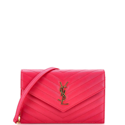 SAINT LAURENT Grain De Poudre Matelasse Chevron Monogram Chain Wallet Hot Pink