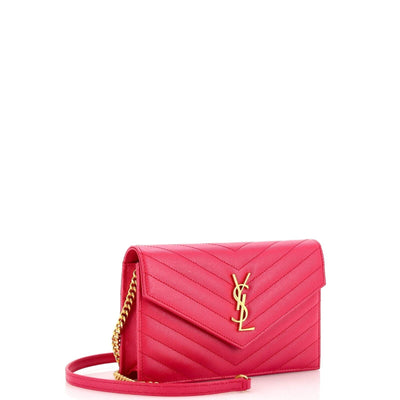 SAINT LAURENT Grain De Poudre Matelasse Chevron Monogram Chain Wallet Hot Pink