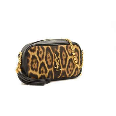 Saint Laurent Canvas Calfskin Leopard Print Monogram Mini Lou Camera Bag Brown