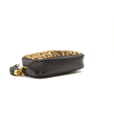 Saint Laurent Canvas Calfskin Leopard Print Monogram Mini Lou Camera Bag Brown