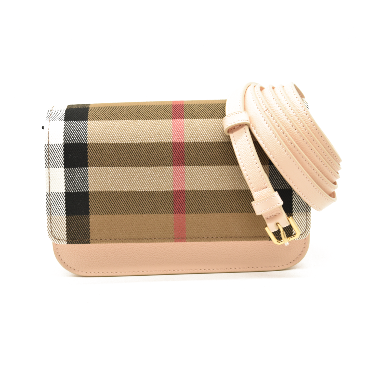 Burberry Hampshire Wallet on Chain Leather and House Check Canvas Pink NEW