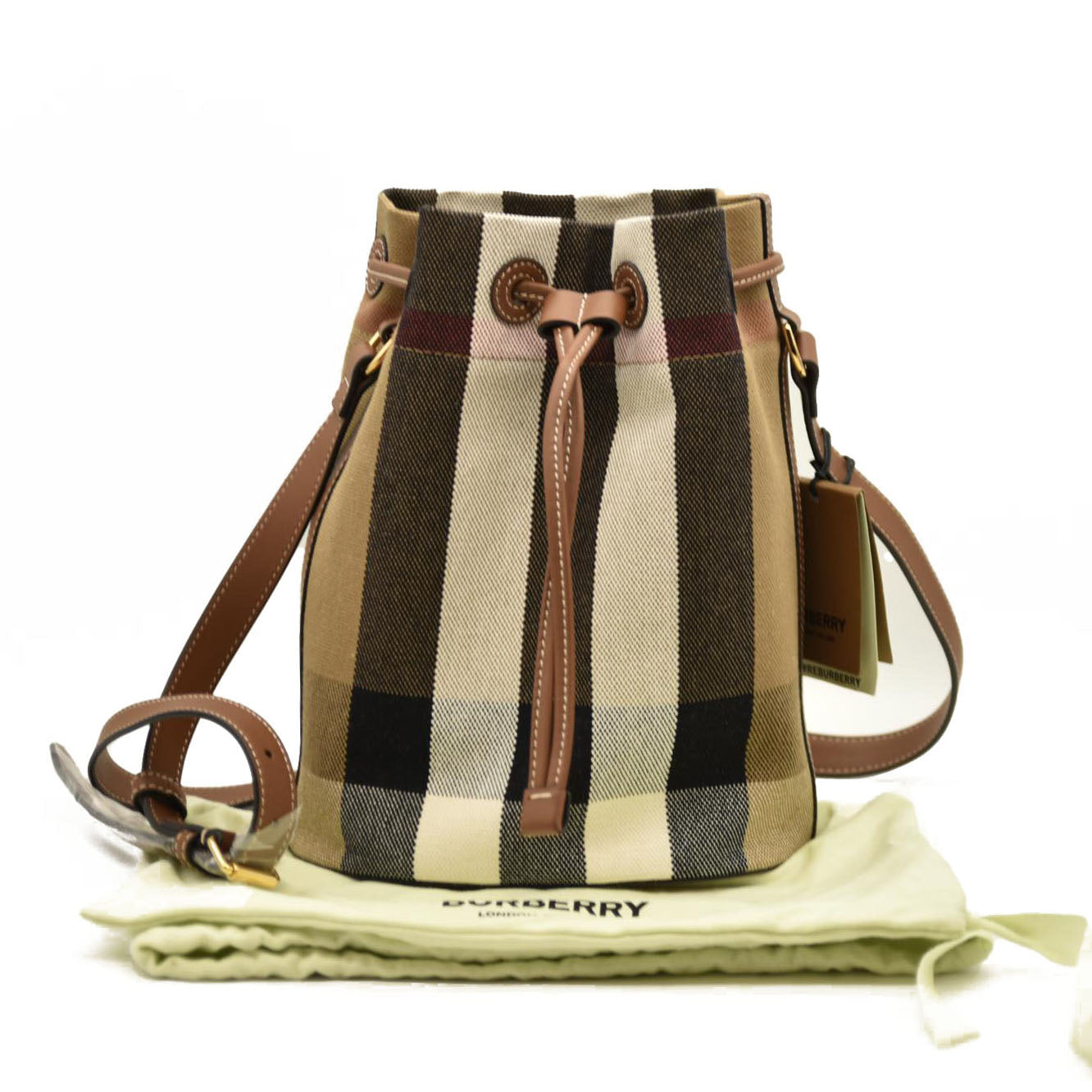 $1450 Burberry Checkered Drawstring Shoulder Bag