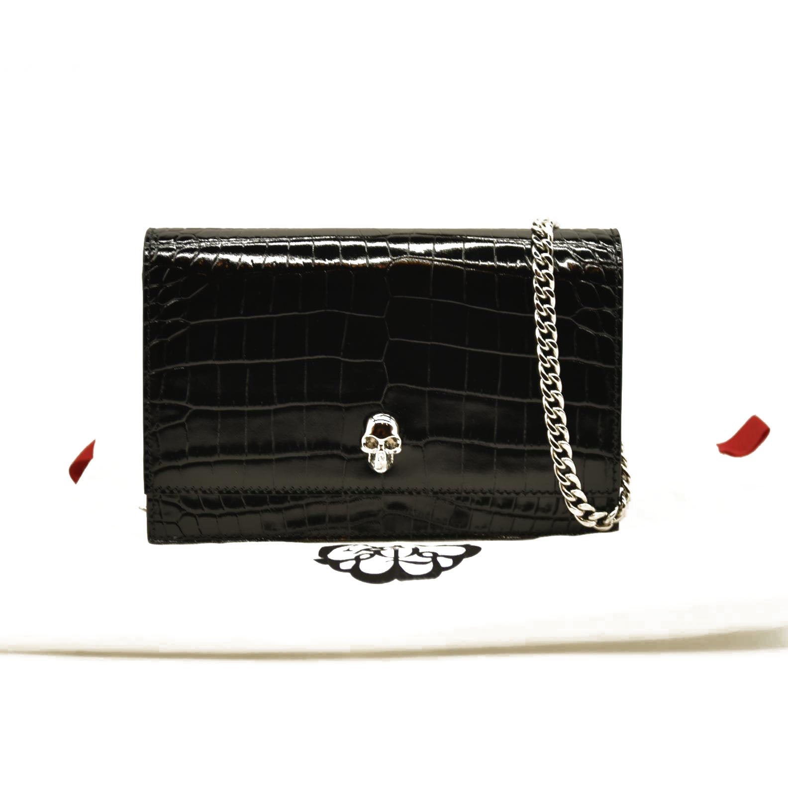 Alexander McQueen  Calfskin Crocodile Embossed Skull Mini Crossbody Bag Black