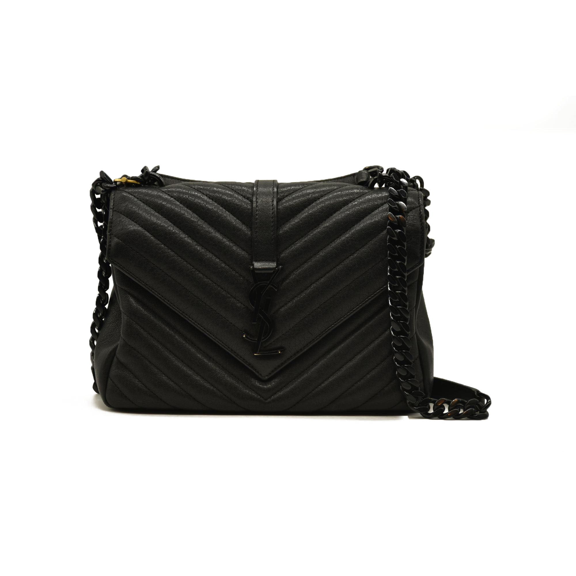 Saint Laurent  Sheepskin Matelasse Chevron Monogram Monochrome Medium College Bag Black