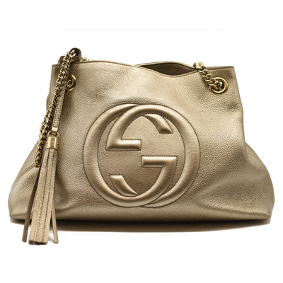 $1990 Gucci Metallic Pebbled Calfskin Medium Soho Chain Shoulder Bag Golden Beige