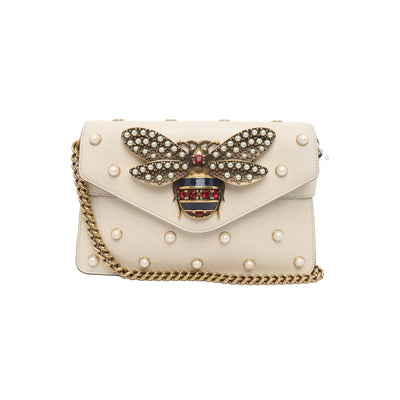 PRE-ORDER  Gucci  Nappa Pearl Studded Mini Queen Margaret Broadway Shoulder Bag Mystic White