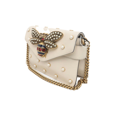 PRE-ORDER  Gucci  Nappa Pearl Studded Mini Queen Margaret Broadway Shoulder Bag Mystic White