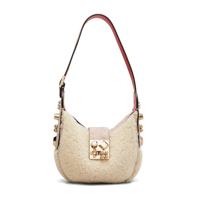 NEW Christian Louboutin Carasky Mini Studded White Shearling Wool Shoulder Bag