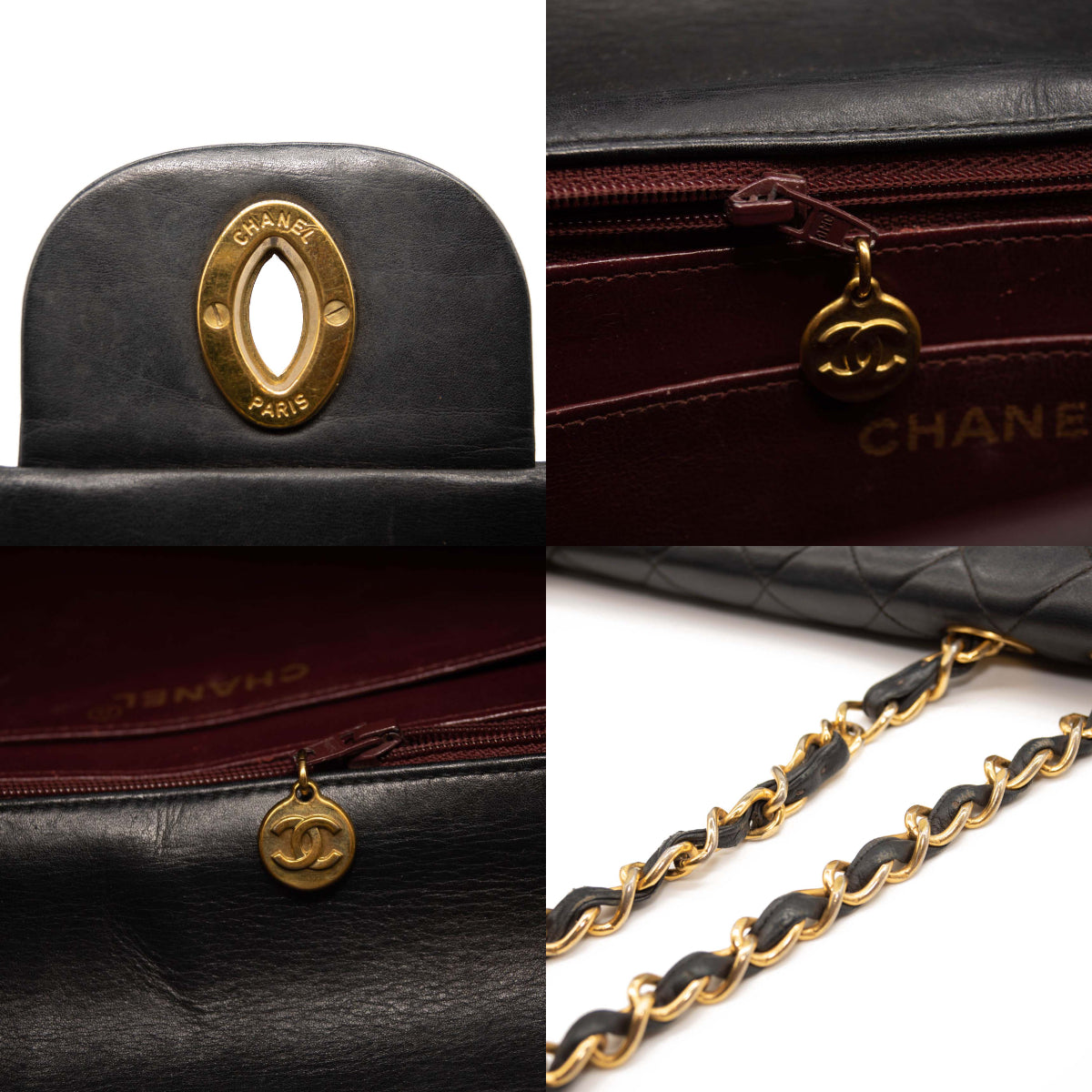 CHANEL Black Lambskin Leather Quilted O-Coin Purse Case Bag Gold