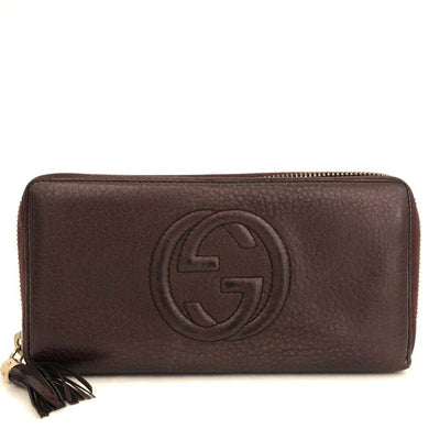 USED Gucci Pebbled Calfskin Soho Zip Around Wallet Metallic Purple Burgundy