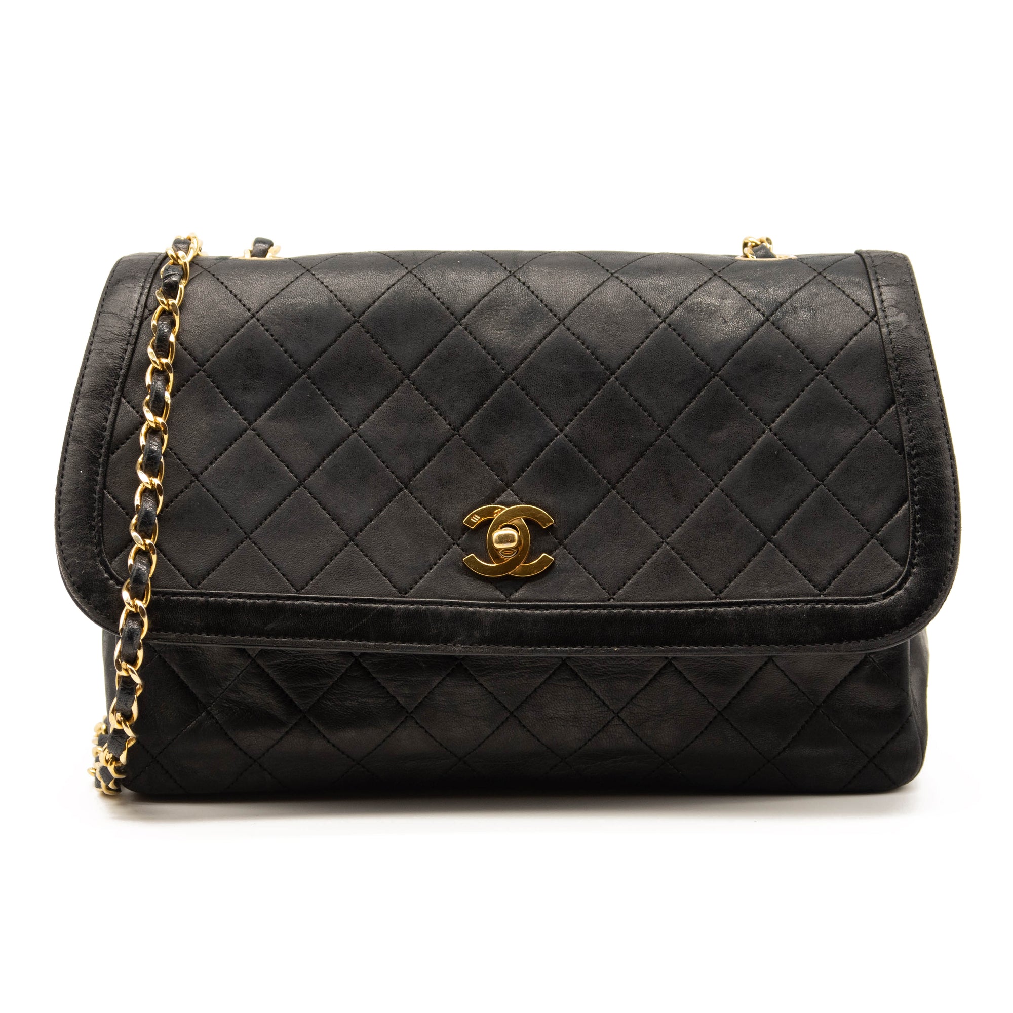 Chanel Vintage Large Quilted Flap Bag Black Gold Shoulder Bag Crossbody