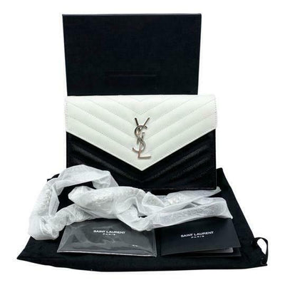 Saint Laurent Envelope Chain Wallet White Monogram Quilted Black Leather Cross Body Bag