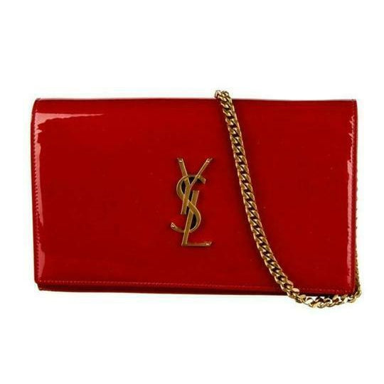 Saint Laurent Monogram Kate Chain Wallet Medium Envelope Red Patent Leather Cross Body Bag