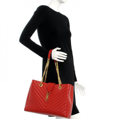 Saint Laurent Collège Grain De Poudre Matelasse Chevron Large Monogram Shoppin Red Calfskin Leather Shoulder Bag