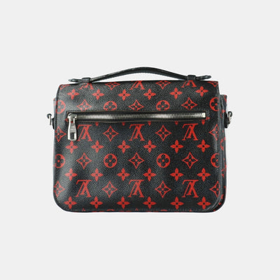 On-trend silhouette meets the iconic preloved Louis Vuitton monogram print  in this edgy Infrarouge rendition of the stylish Pochette Metis.…