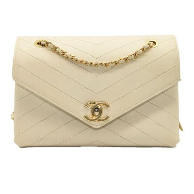 CHANEL Lambskin Chevron Quilted Envelope Flap White