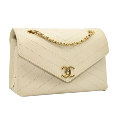 CHANEL Lambskin Chevron Quilted Envelope Flap White