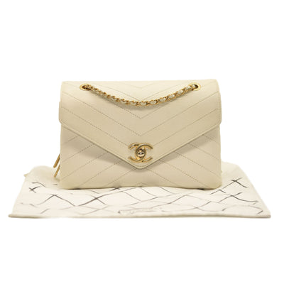 CHANEL Lambskin Chevron Quilted Envelope Flap White