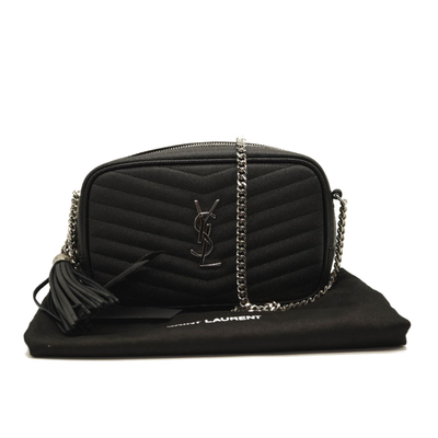 NEW SAINT LAURENT Grain De Poudre Matelasse Monogram Mini Lou Camera Bag Black Silver