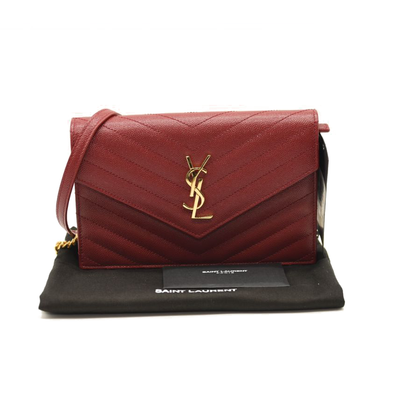 NEW SAINT LAURENT Grain De Poudre Matelasse Chevron Cassandre Envelope Chain Wallet Red