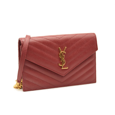 NEW SAINT LAURENT Grain De Poudre Matelasse Chevron Cassandre Envelope Chain Wallet Red