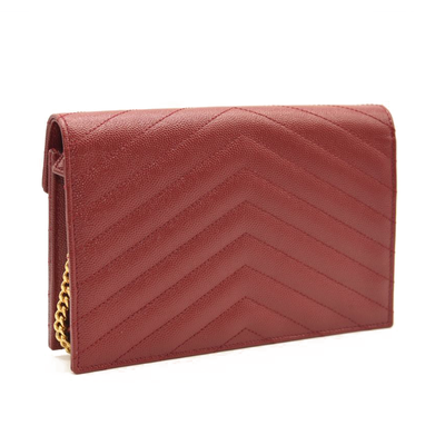 NEW SAINT LAURENT Grain De Poudre Matelasse Chevron Cassandre Envelope Chain Wallet Red