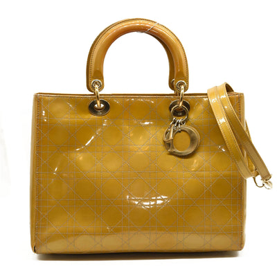 CHRISTIAN DIOR Patent Cannage Large Lady Dior Yellow