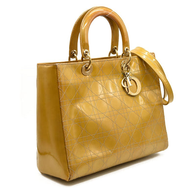 CHRISTIAN DIOR Patent Cannage Large Lady Dior Yellow