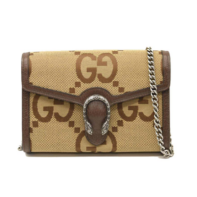 NEW Gucci Monogram Jumbo GG Textured Dollar Calfskin Mini Dionysus Chain Wallet Camel Ebony New Acero