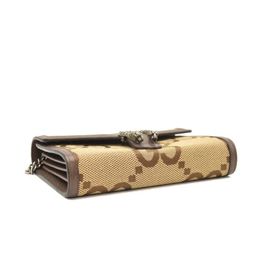 NEW Gucci Monogram Jumbo GG Textured Dollar Calfskin Mini Dionysus Chain Wallet Camel Ebony New Acero