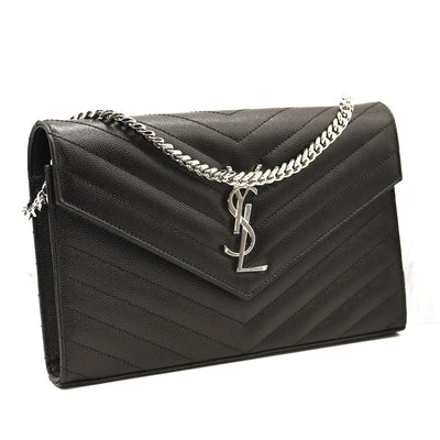 NEW $1790 SAINT LAURENT Grain De Poudre Matelasse Chevron Monogram Chain Wallet Black