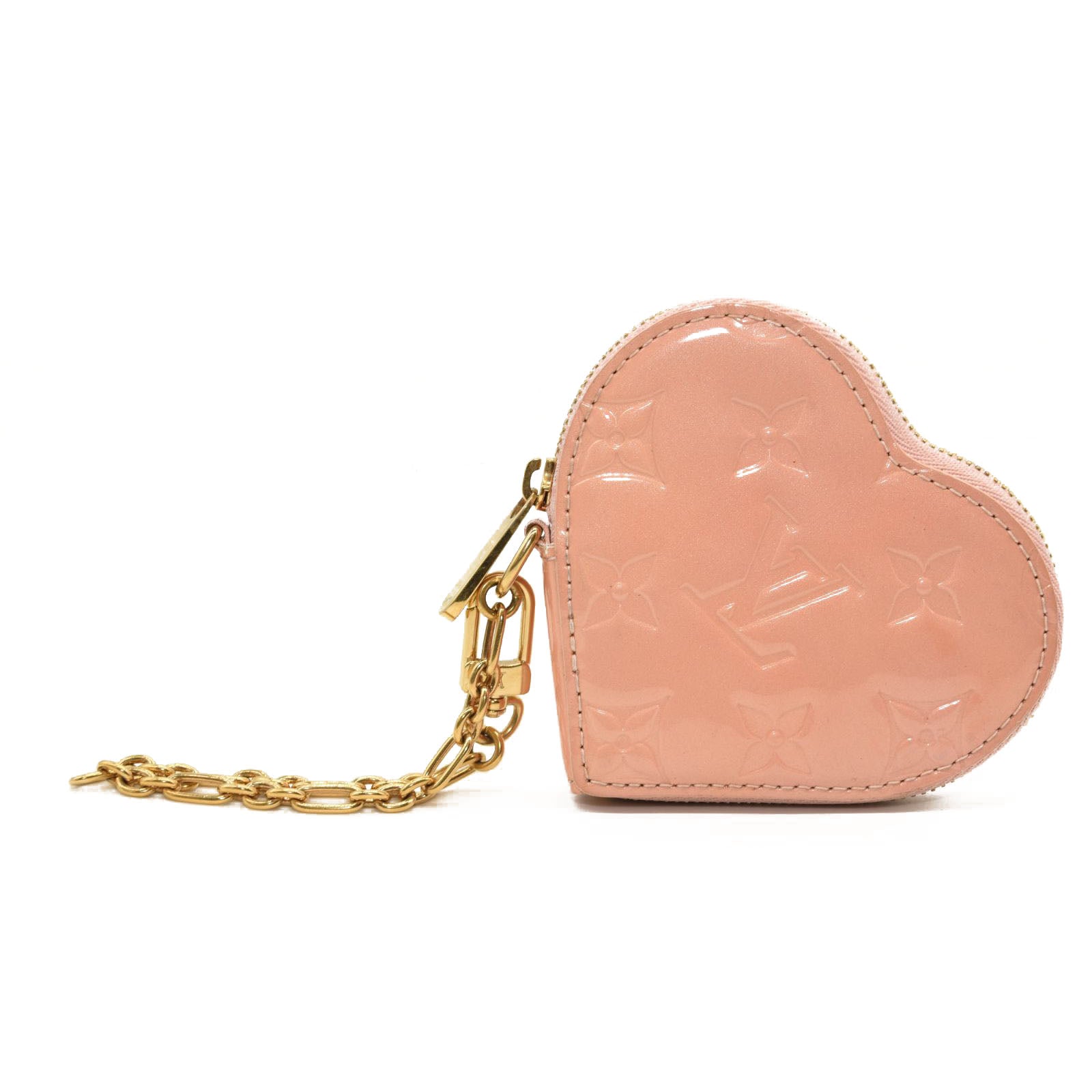 Auth Louis Vuitton Pink Heart Shape Key Pouch VERNIS Leather