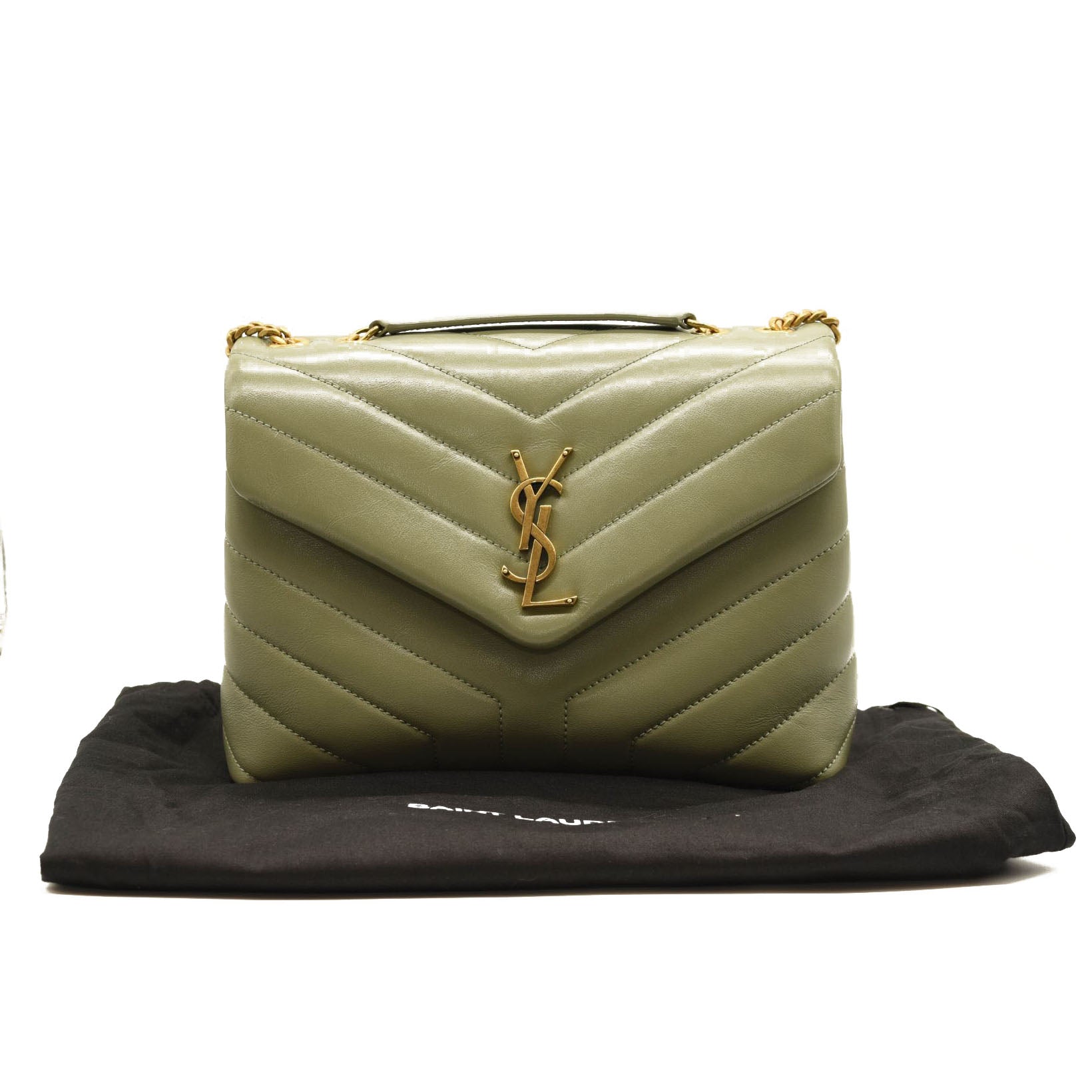 SAINT LAURENT Calfskin Y Quilted Monogram Small Loulou Chain Satchel Olive  1226948