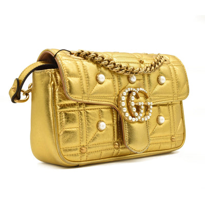 GUCCI Metallic Calfskin Matelasse Studded Mini Pearly GG Marmont Shoulder Bag Gold