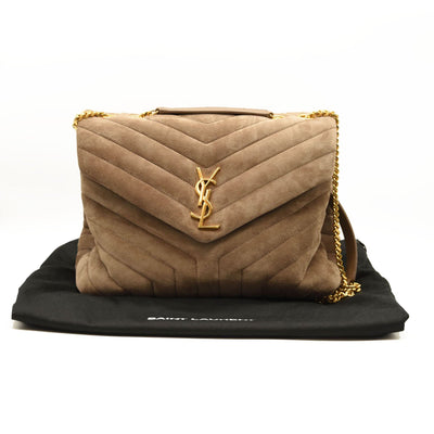 NEW $3450 SAINT LAURENT Suede Y Quilted Monogram Medium Loulou Chain Satchel Beige