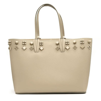 NEW $1990 CHRISTIAN LOUBOUTIN CABATA STUDDED LEATHER TOTE GOOSE GREY