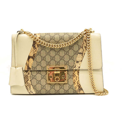 GUCCI Medium Padlock Gg Supreme Wave Shoulder Bag With Genuine Snakeskin Trim - White