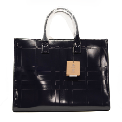 NEW Burberry Denny Embossed Check Leather Tote Blue Patent Dark Charcoal