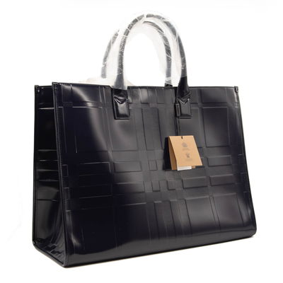 NEW Burberry Denny Embossed Check Leather Tote Blue Patent Dark Charcoal