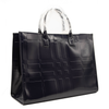 NEW Burberry Denny Embossed Check Leather Tote Blue Patent Dark Charcoal