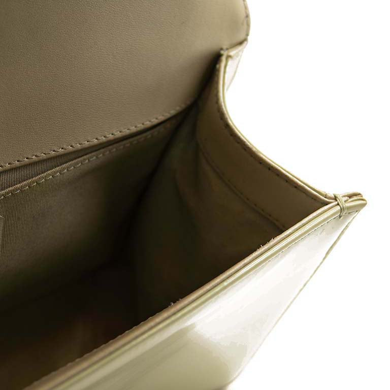 Chanel Beige Calfskin Leather Patent Detail Logo Quilted shoulder