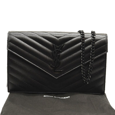 NEW SAINT LAURENT Grain De Poudre Matelasse Chevron Monogram Envelope Chain Wallet Black