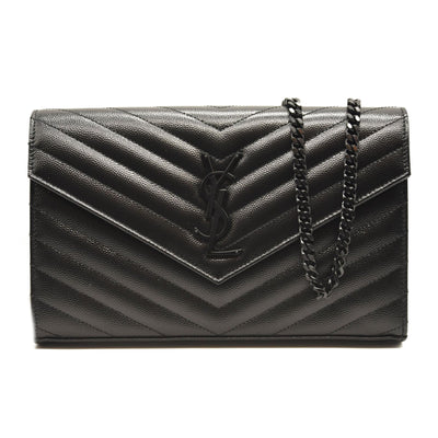 NEW SAINT LAURENT Grain De Poudre Matelasse Chevron Monogram Envelope Chain Wallet Black