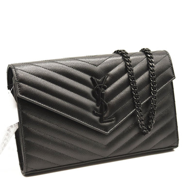 NEW SAINT LAURENT Grain De Poudre Matelasse Chevron Monogram Envelope Chain Wallet Black