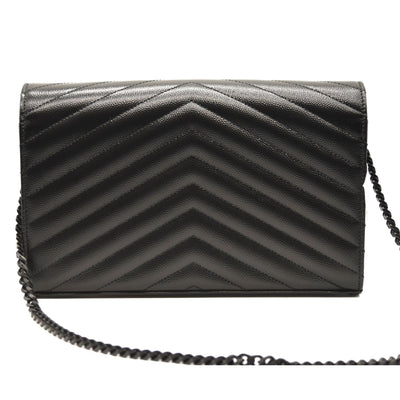 NEW SAINT LAURENT Grain De Poudre Matelasse Chevron Monogram Envelope Chain Wallet Black