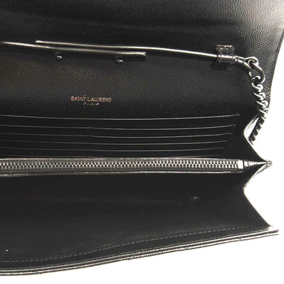 NEW SAINT LAURENT Grain De Poudre Matelasse Chevron Monogram Envelope Chain Wallet Black