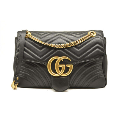 Used Gucci Calfskin Matelasse Medium GG Marmont Shoulder Bag Black