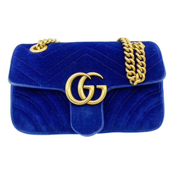 Gucci GG Marmont Shoulder Bag Matelasse Velvet Small Cobalt Blue in Velvet  with Aged Gold-tone - US