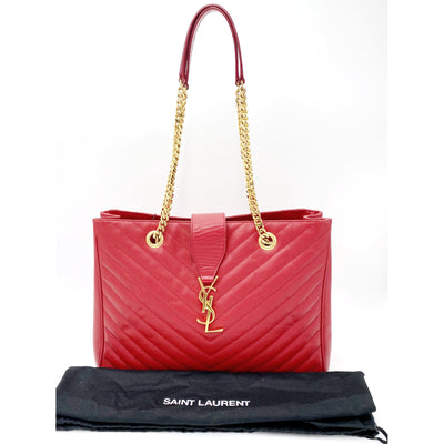 Saint Laurent Collège Grain De Poudre Matelasse Chevron Large Monogram Shoppin Red Calfskin Leather Shoulder Bag