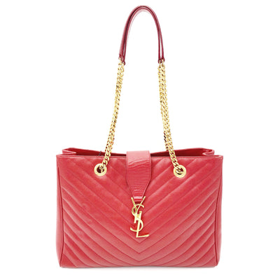 Saint Laurent Collège Grain De Poudre Matelasse Chevron Large Monogram Shoppin Red Calfskin Leather Shoulder Bag